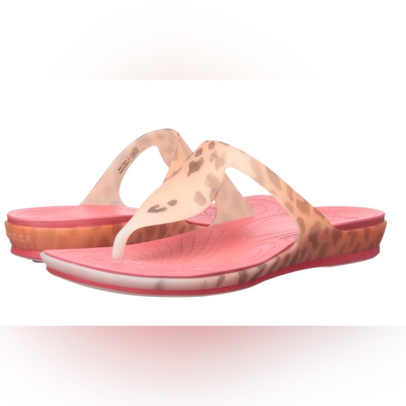 NWOT Crocs 203136 Rio Thong Flip Flops Comfort Sandals Coral Pink Leopard Sz 7 - Picture 10 of 11